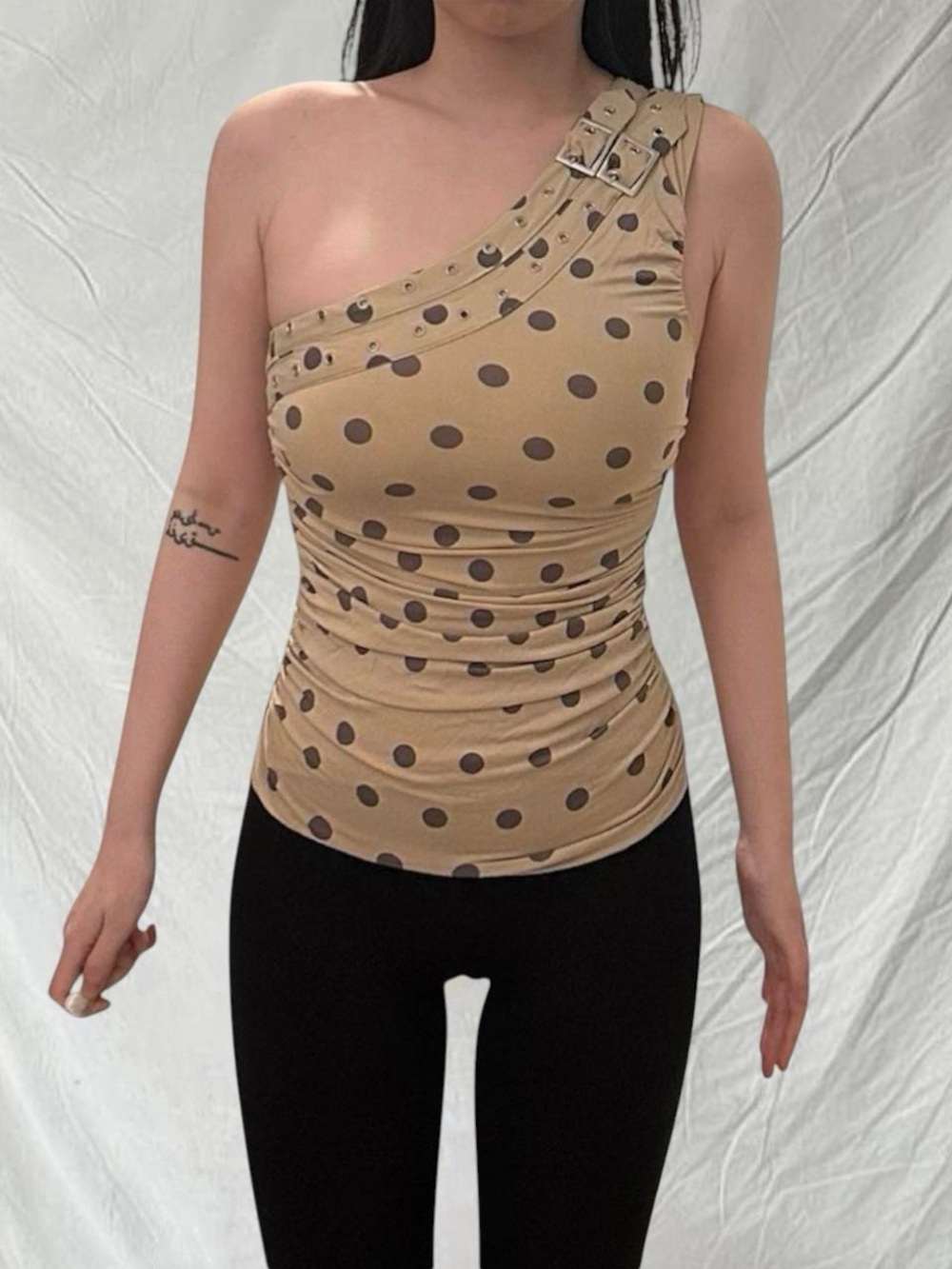 With Jean Sloan One-Shoulder Polka Dot Tank Top - Beige